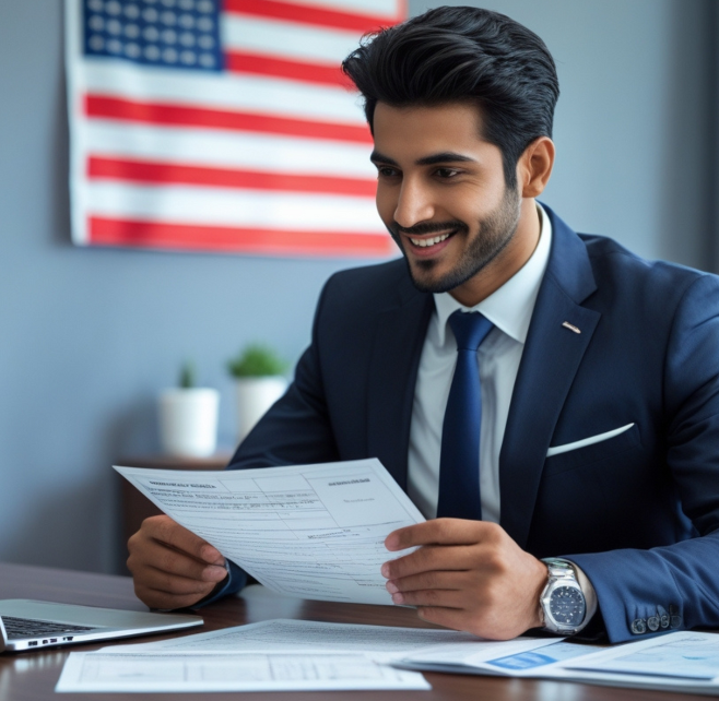 תמונת נושא של דף ויתור הגירה בו מוצג תקריב של גבר מחייך בלבוש עסקי כהה יושב ליד שולחן וקורא מסמכים מאחוריו מטושטש מעט דגל ארצות הברית